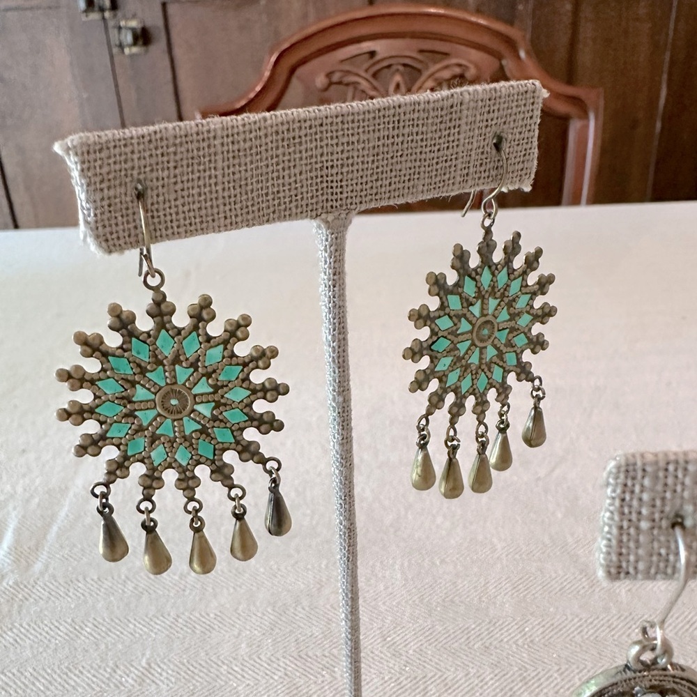 Set of 3 Earrings Green, Pink & Burnished Gold Bohemian Style Collection Bundle - Picture 10 of 12